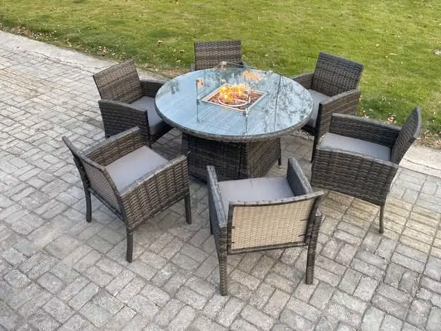 Fimous Outdoor Rattan Garden Furniture Set with Gas Fire Pit Round Table and 6 Dining Chairs in Dark Grey