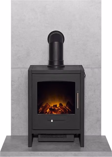 Acantha Fires & Fireplaces Tile and Hearth Set in Concrete Effect with Bergen Stove and Angled Pipe in Grey