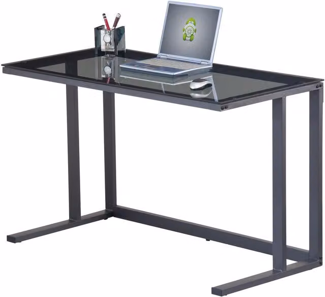Alphason Air Modern Rectangular Writing Desk with Smoked Glass and Metal Sled Base in Black and Grey