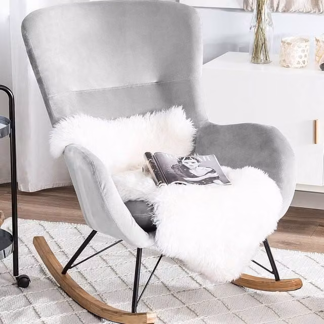 Wyld and Coco Glam Rocking Chair in Light Grey Velvet with Solid Rubberwood Frame – 1