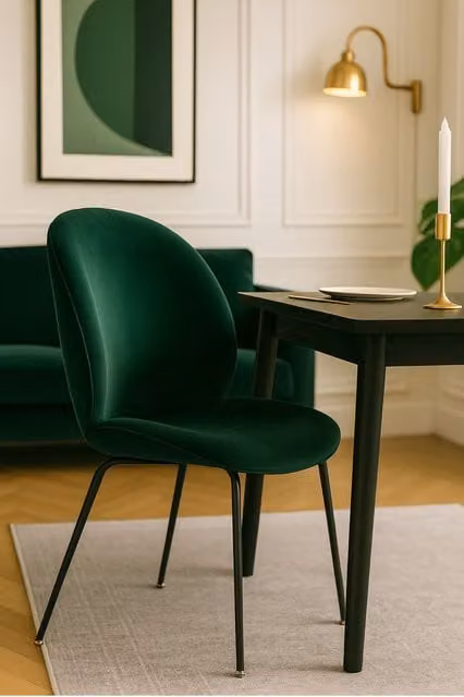 Fusion Living Luxurious Velvet Dining Chair with Black Metal Legs in Green – 1