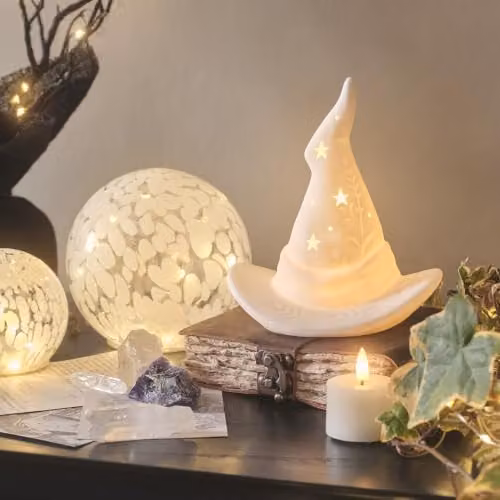 Lights4fun White Porcelain LED Witches Hat Tabletop Halloween Decoration – 3