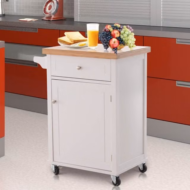 HOMCOM Modern Kitchen Cart Storage Trolley in White with Bamboo and MDF Wood