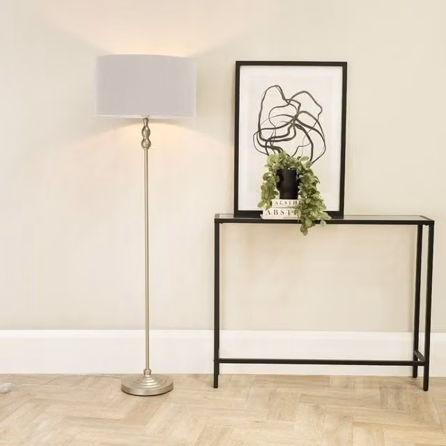 ValueLights Maggie Brushed Chrome Silver Metal Candlestick Floor Lamp with Grey Fabric Cylinder Shade