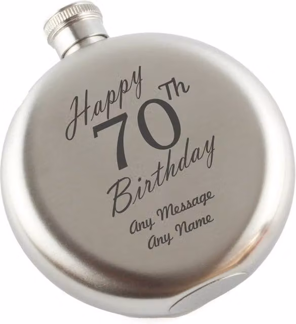 Uniqueful Personalised Happy 70th Birthday Engraved 5oz Round Stainless Steel Hip Flask in Silver