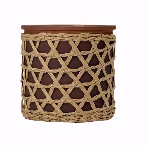 French Connection Black Cherry and Cedarwood Scented Jar Candle in Brown Woven Rattan Design