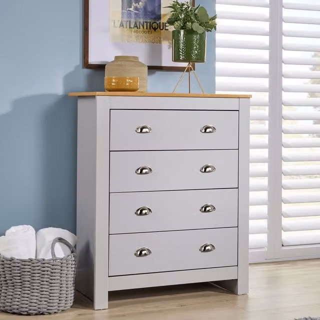 Home Source 4 Drawer Bedroom Chest with Oak Top and Metal Handles in Light Grey
