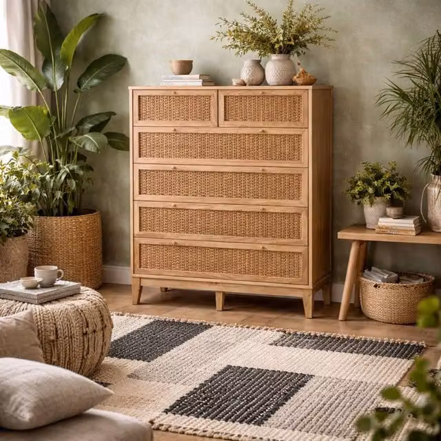 Wyld Haus Waterford 6 Drawer Chest in Oak and Natural Woven Rattan, W/D/H: 109 x 39 x 48.5 cm