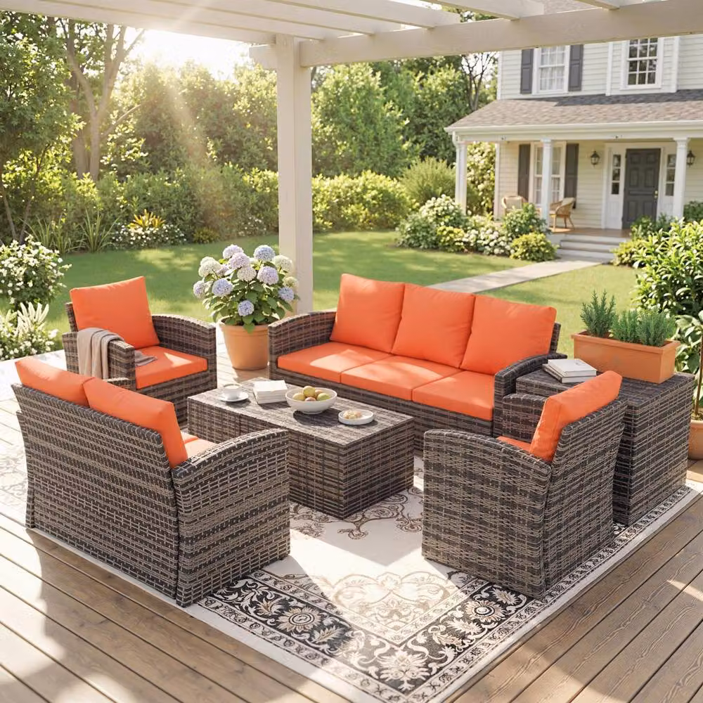 OUTSUNNY 6 Piece L-Shape Rattan Patio Sofa Set with Orange Upholstered Cushions and Powder Coated Steel Frame – 2