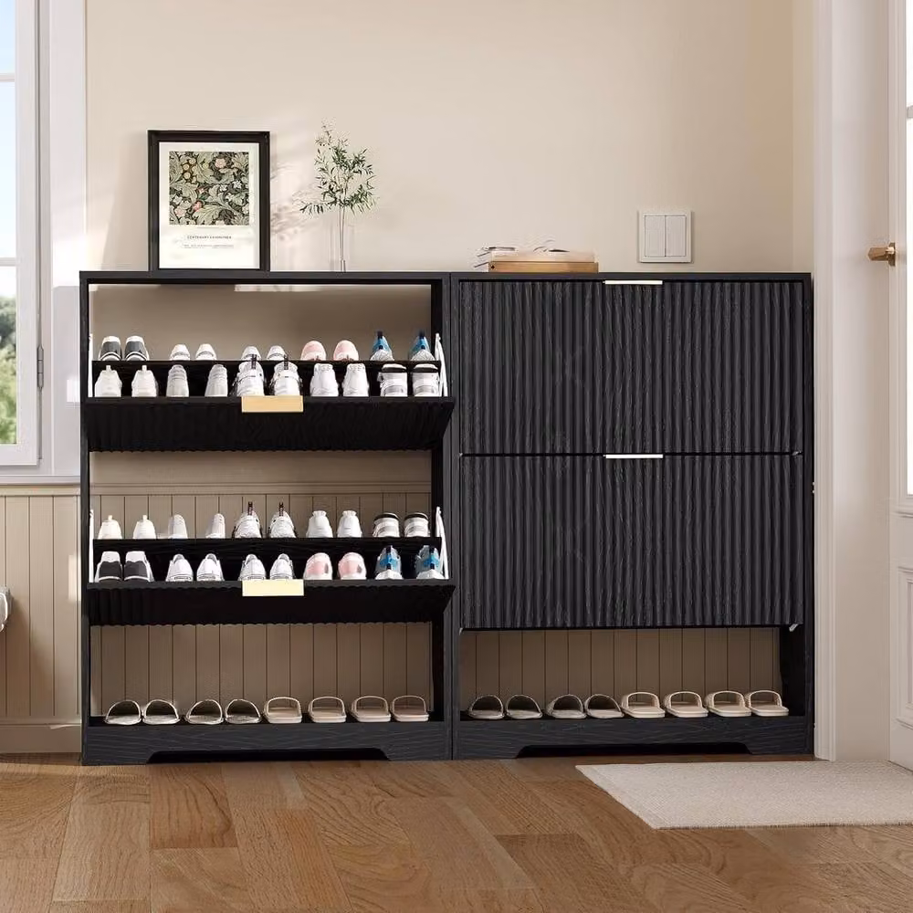 London Boutique Mid-Century Modern Black Wooden Shoe Storage Cabinet with 2 Drawers and Tilting Compartments – 6