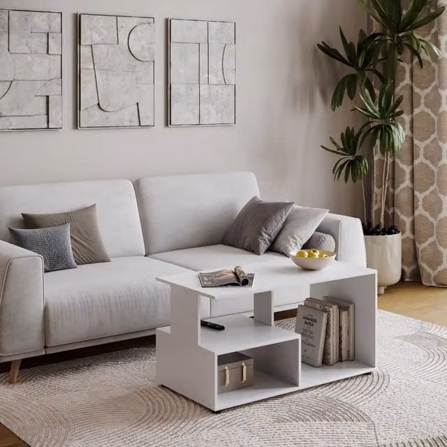 EONLION White Wooden Modern TV Stand and Coffee Table with Storage Shelves