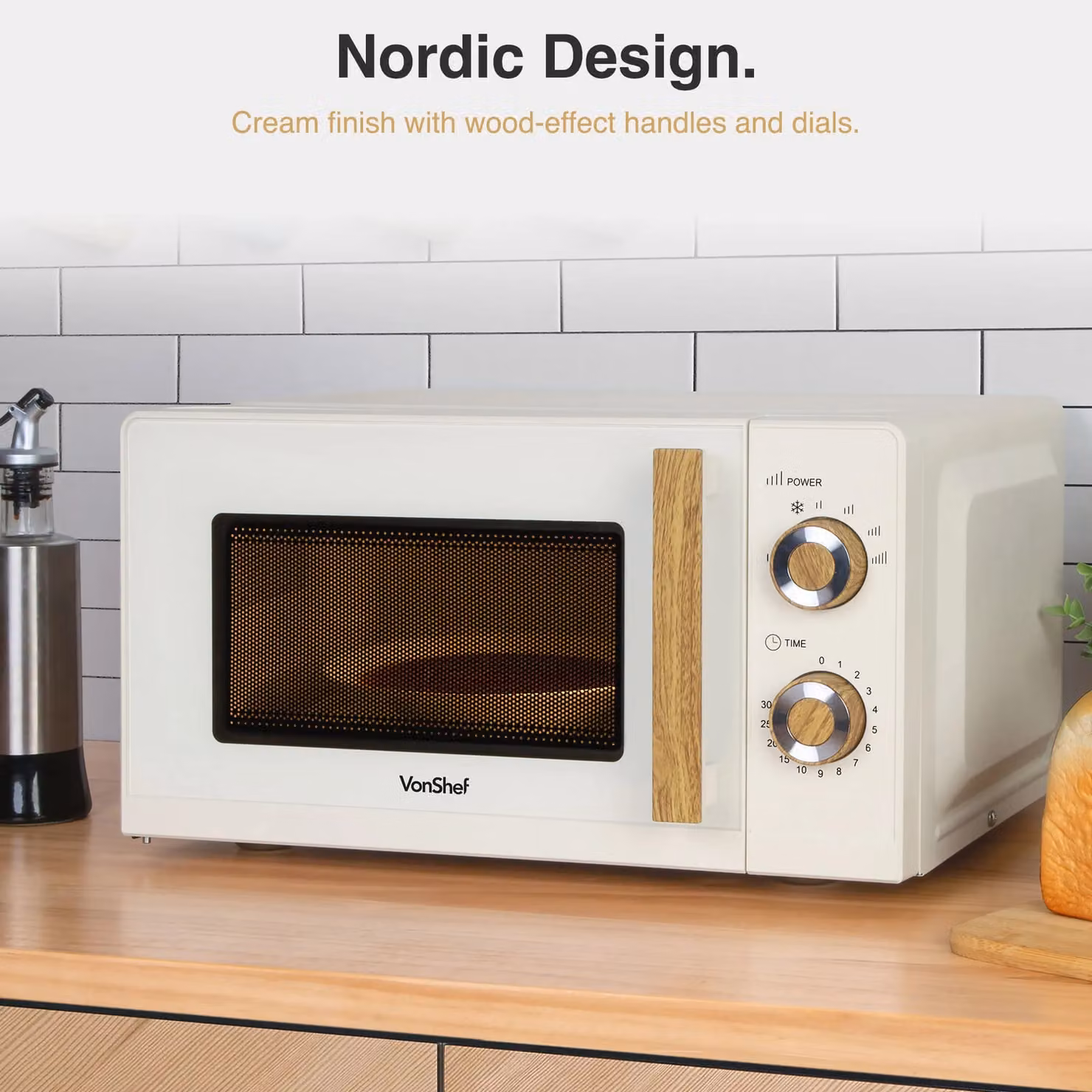 VonShef Fika 20L Solo Countertop Microwave in Cream and Wood – 2