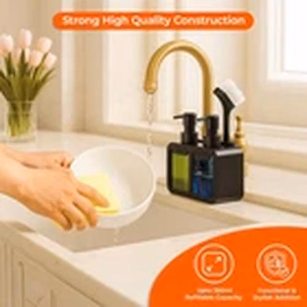 EONLION Dual Soap Dispenser Sink Organiser with 2 x 350ml Hand and Dish Soap Dispensers in Black – 3