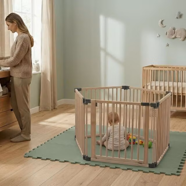 Safetots Hexagonal Wooden Play Den with Soft Foam Play Mat, Dusty Blue and Natural, W/D/H: 180 x 150 x 80 cm