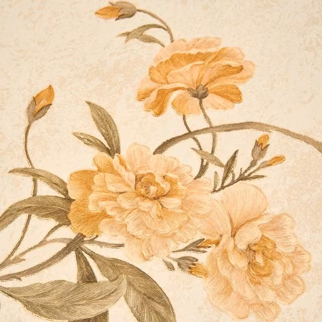 Livingandhome Non-Woven 3D Embossed Botanical Floral Vintage Wallpaper, Multicolour, Gold and Beige