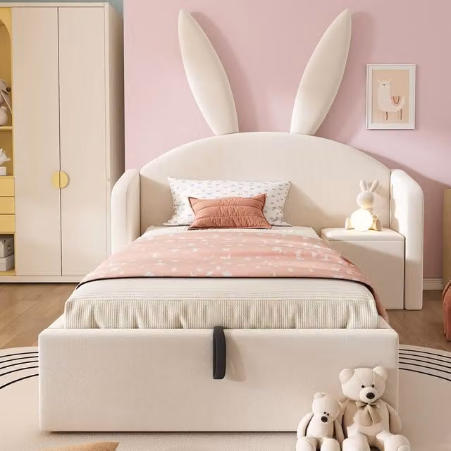 Merax Bunny Ears Kids Ottoman Bed with Nightstand, Beige, W/D/H: 90 x 190 cm – 1