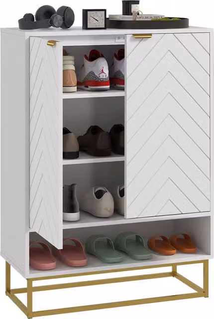 HOMCOM Modern White and Gold Shoe Storage Cabinet with Open Shelf and Hinged Doors for 12 Pairs of Shoes – 1