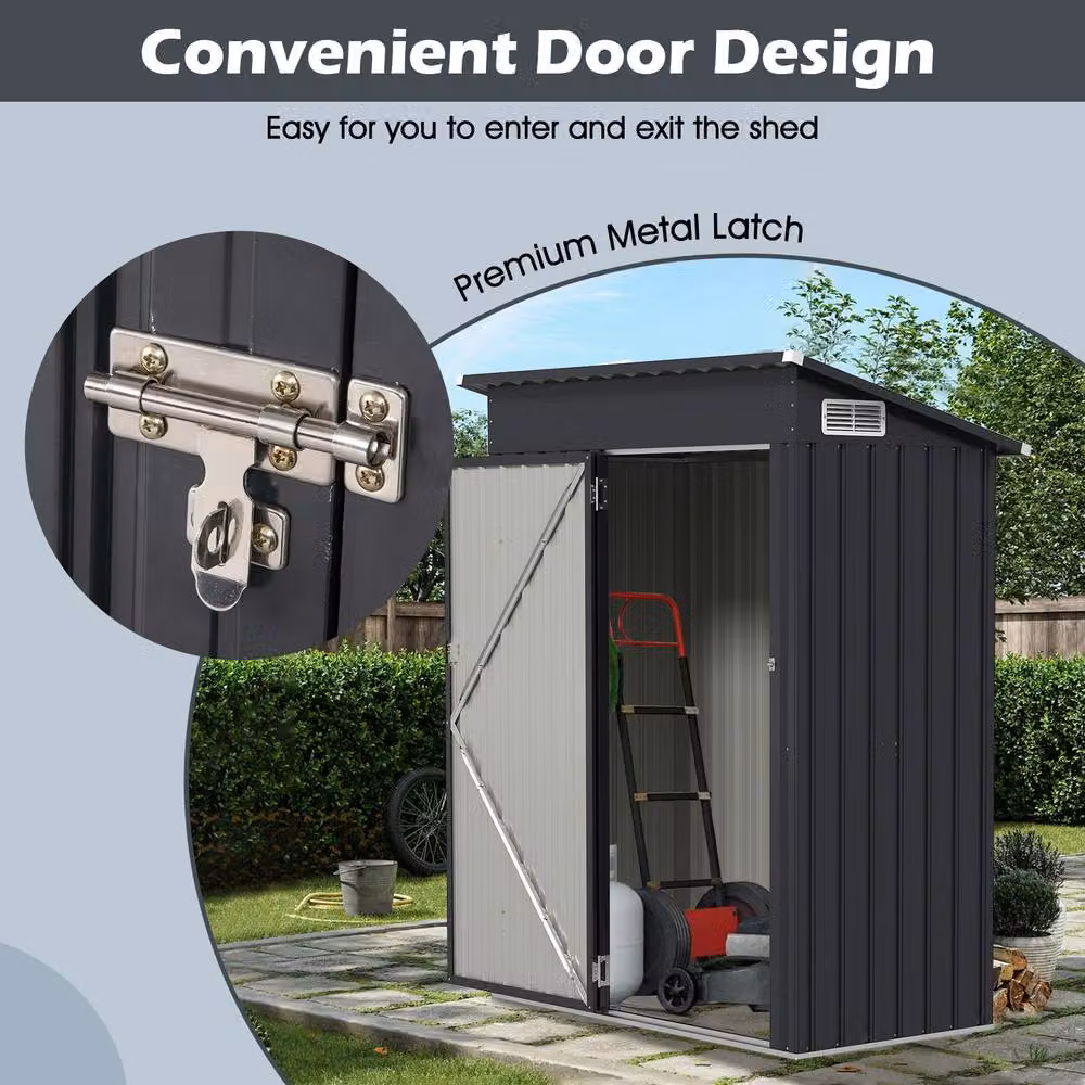Gymax Pent Storage Shed and Tool House with Sloping Design in Dark Grey, Galvanised Steel Metal Frame – 4