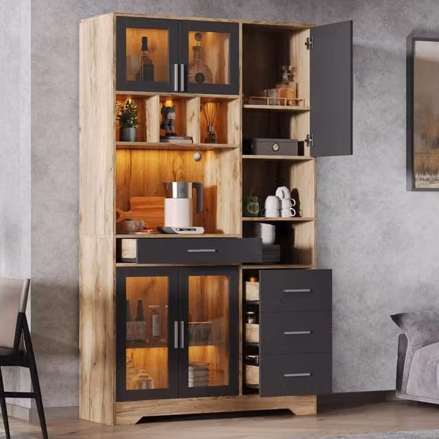 BTM Multicolour Modern Kitchen Storage Cabinet with LED Integrated Lighting and Power Outlet, H: 185 cm, W: 100 cm, D: 40 cm – 1