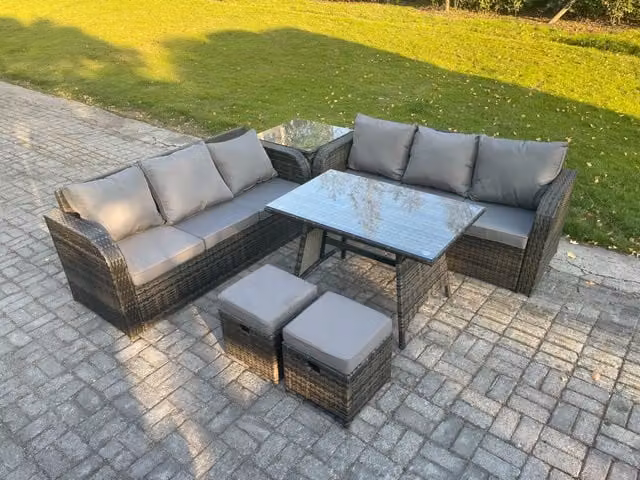 Fimous 8 Seater Rattan Garden Furniture Set with Rectangular Dining Table, 2 Footstools and Side Table in Dark Grey