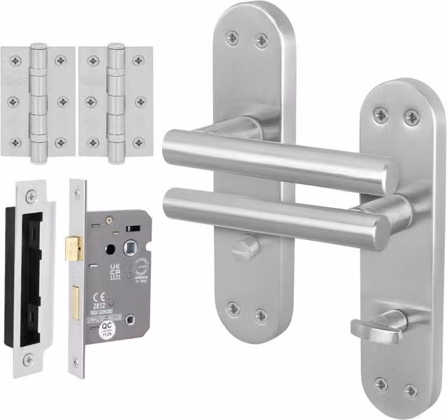 AFIT Satin Nickel T-Bar Bathroom Door Handle Set with Lock and Hinges, Silver, 1 Pair