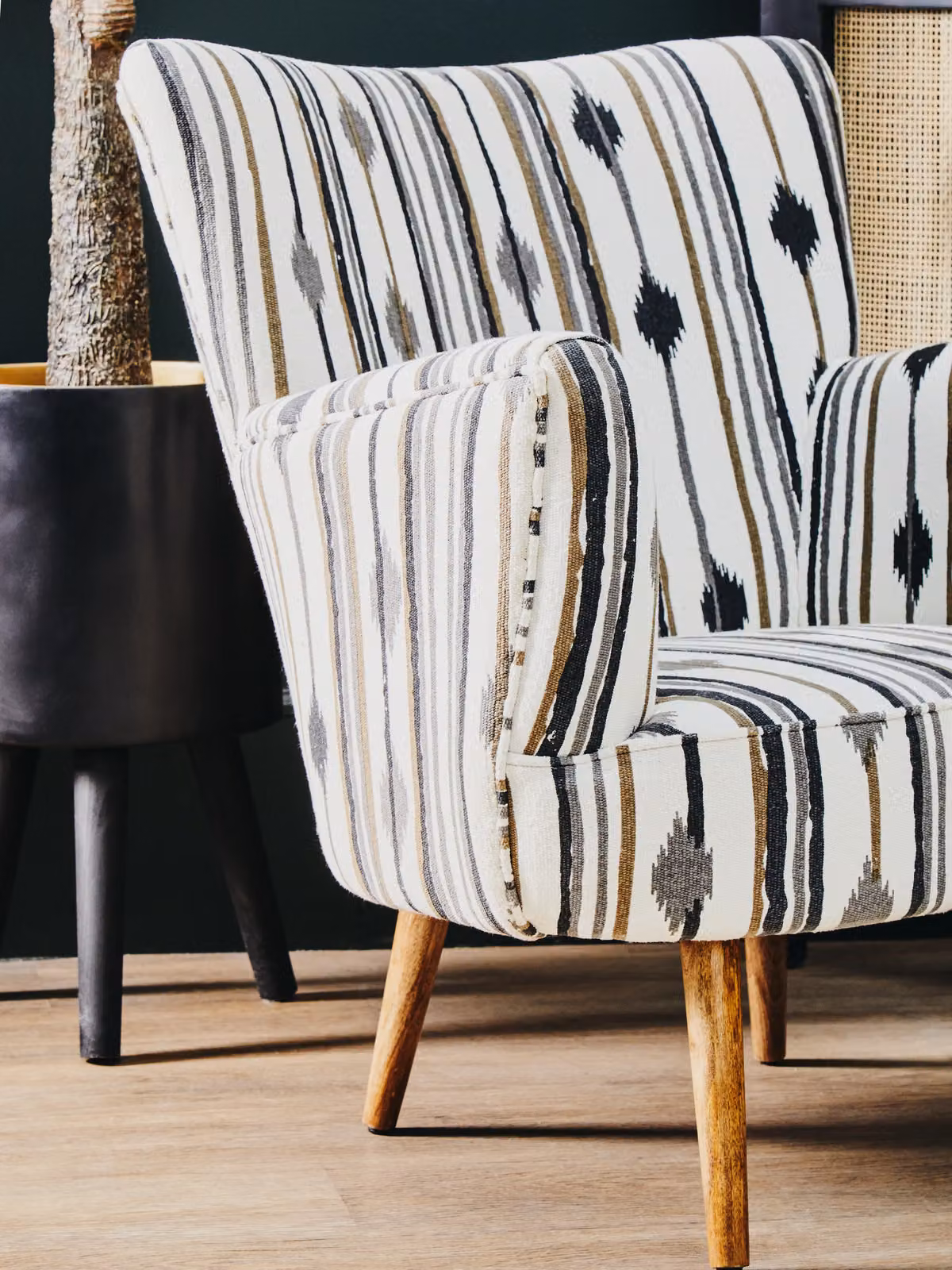 Fifty Five South Orsina Armchair with Black and White Geometric Fabric Upholstery and Mango Wood Legs – 4