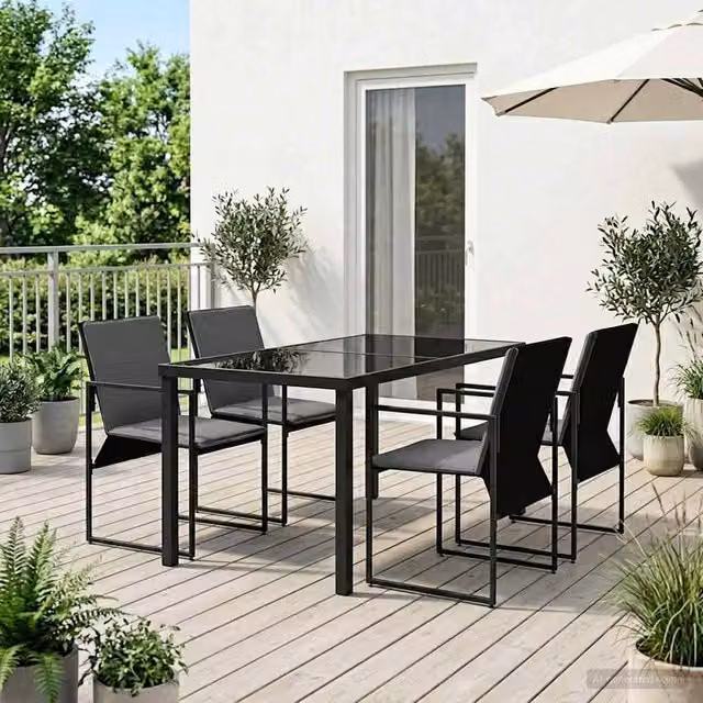Berkfield 5 Piece Garden Dining Set in Black and Anthracite Steel, W/D/H: 140 x 70 x 73 cm