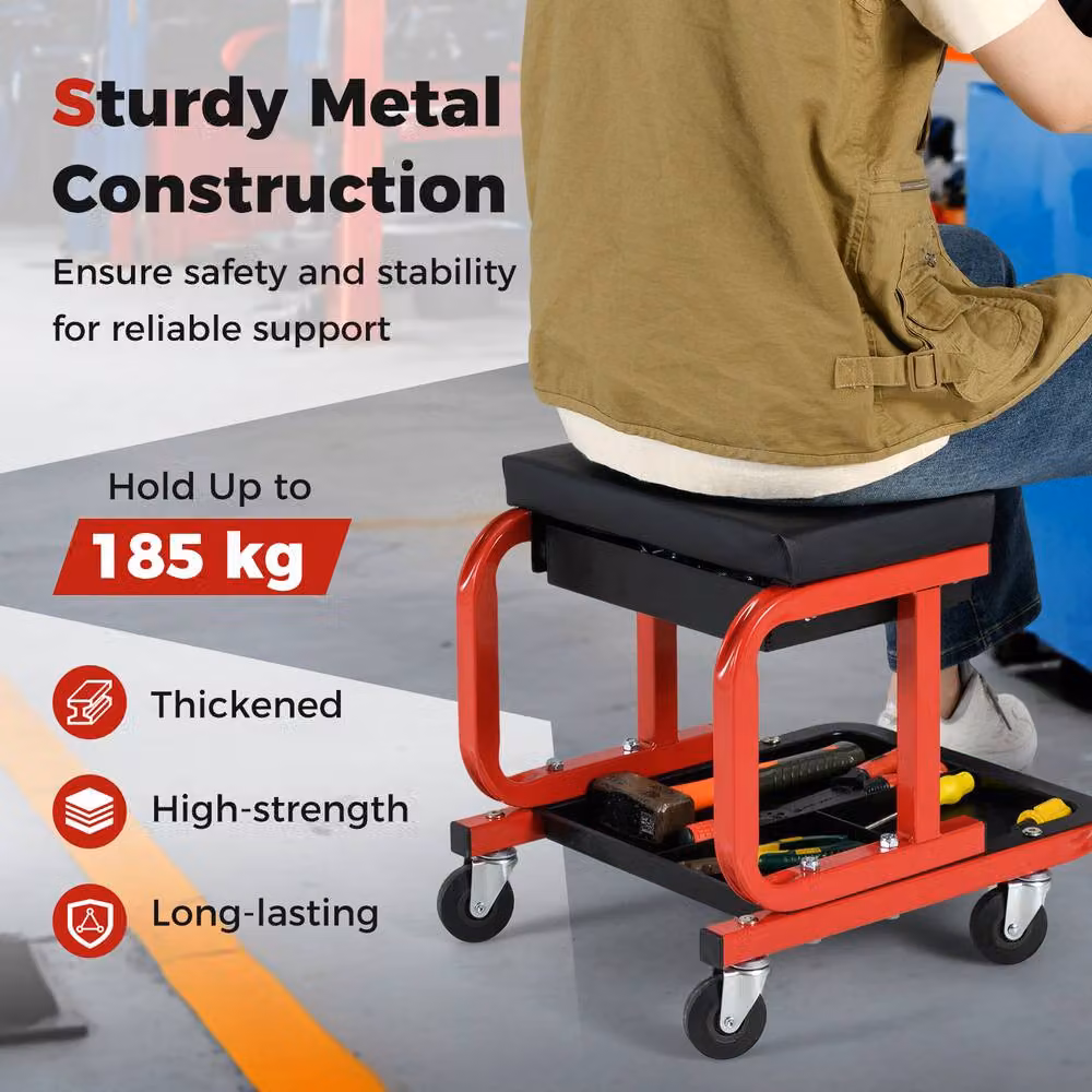 Costway Rolling Creeper Seat Padded Mechanic Stool with Drawer in Red and Multicolour – 10