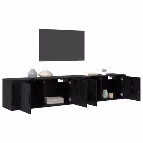 vidaXL Modern Wall-Mounted TV Cabinet Set of 2 in Black Matt MDF and Wood – 1