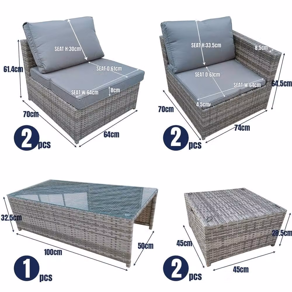 FURNITURE ONE 7 Piece L-Shape PE Rattan Garden Sofa Set with Glass Coffee Table in Grey – 3