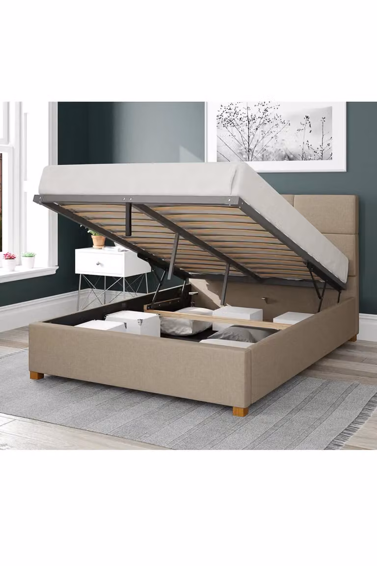 Aspire Caine Upholstered Ottoman Storage Bed in Beige Eire Linen Fabric, Size: Double (W/D/H: 140 x 200 cm)