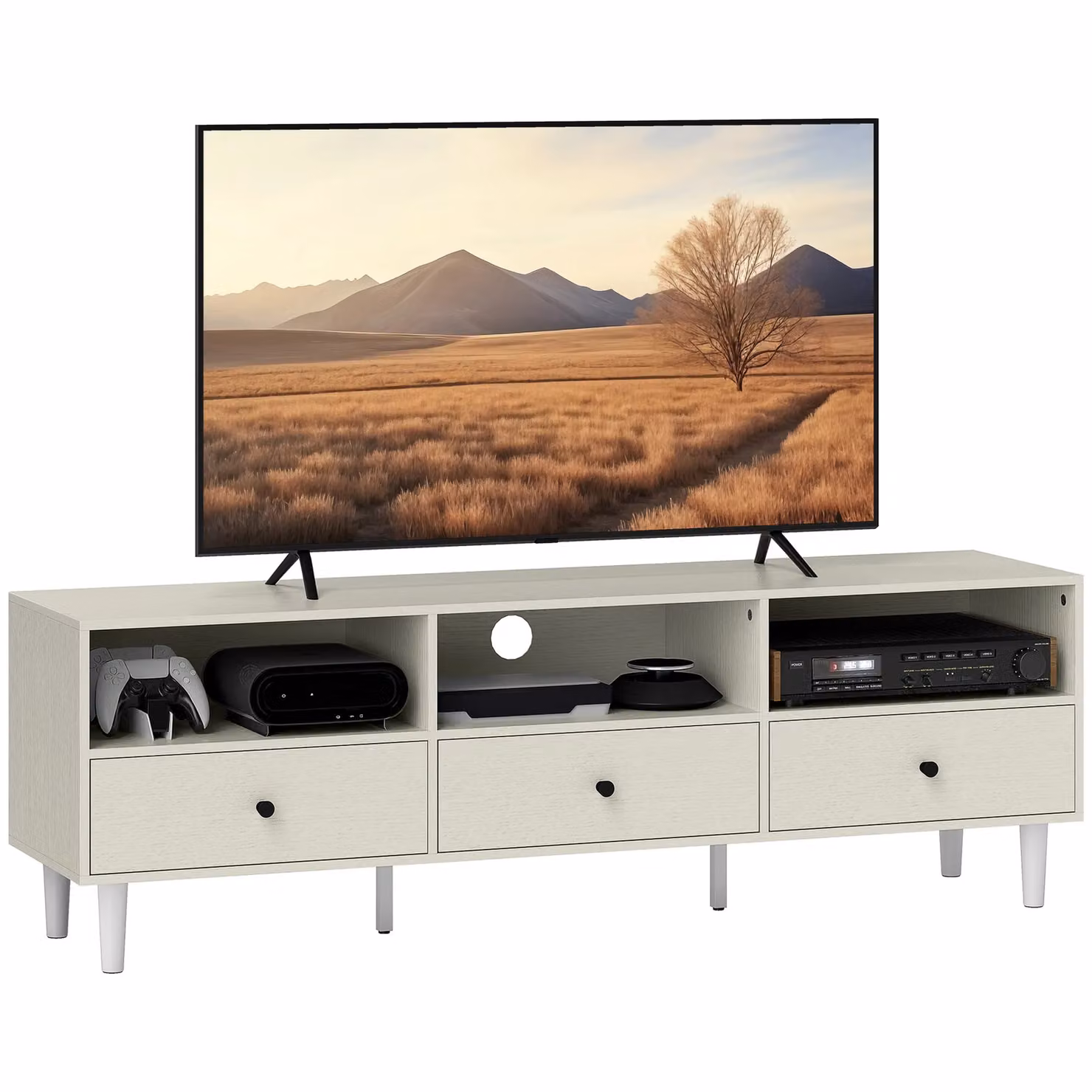 HOMCOM Modern TV Unit and Cabinet for up to 75 inch Screens with Drawers and Shelves in Cream White and Beige Matt Finish – 2