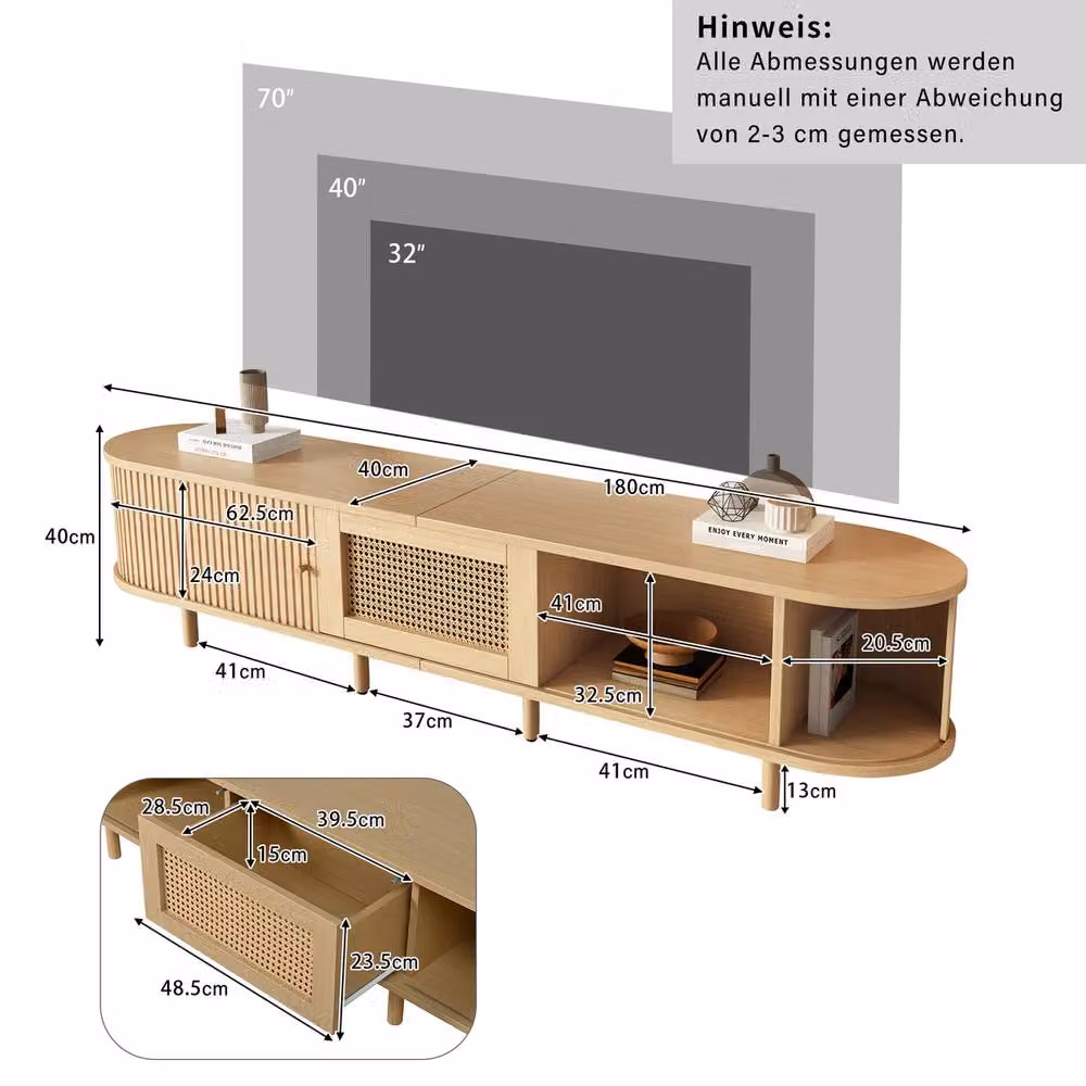 Rolipo Oval Rattan TV Cabinet in Light Oak Wood, Width: 180 cm – 4