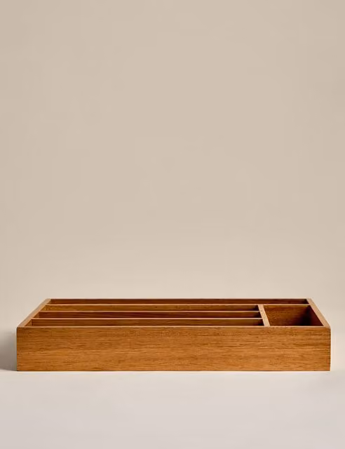 M&S Wooden Cutlery Tray Organiser with Compartments in Brown and Beige