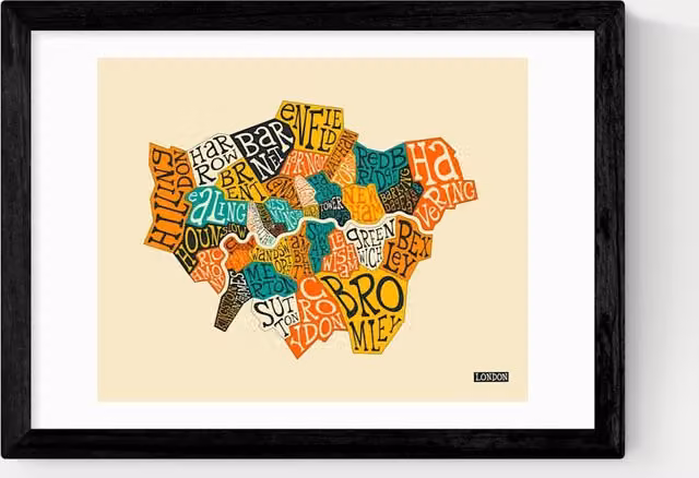 East End Prints London Boroughs Framed Typography Map Art Print in Black and Multicolour