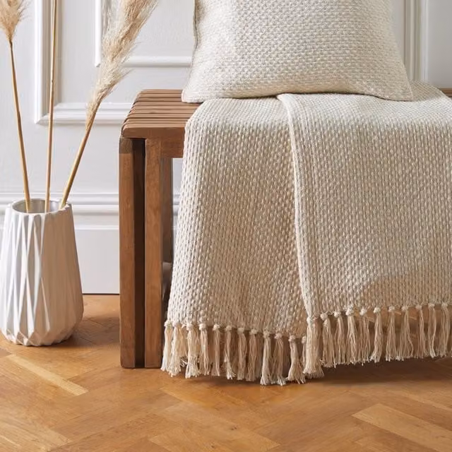 Terrys Hayden Woven Cotton Throw and Cushion Set in Cream and Beige