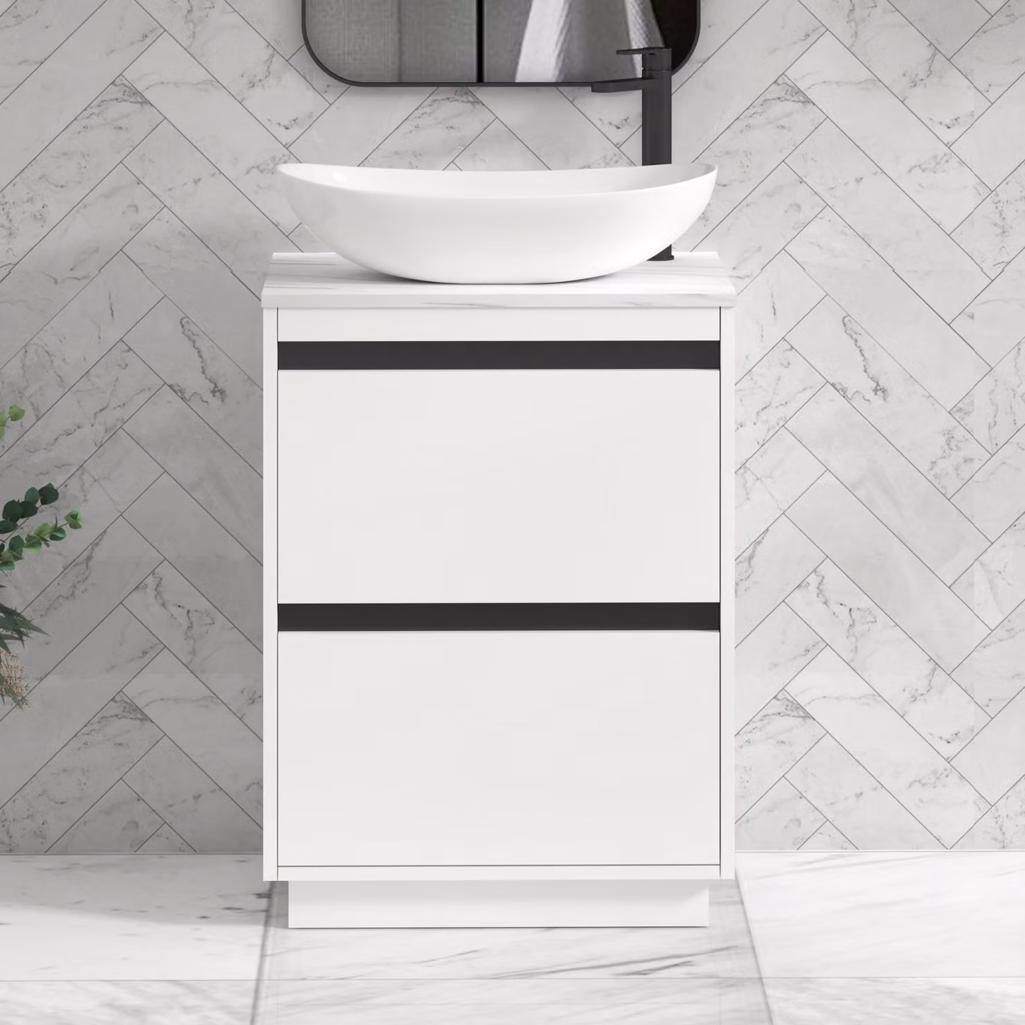 Royal Bathrooms Orion 600mm Matt White Floor Standing 2 Drawer Vanity Unit with Cesar Basin and Black Accent Trim