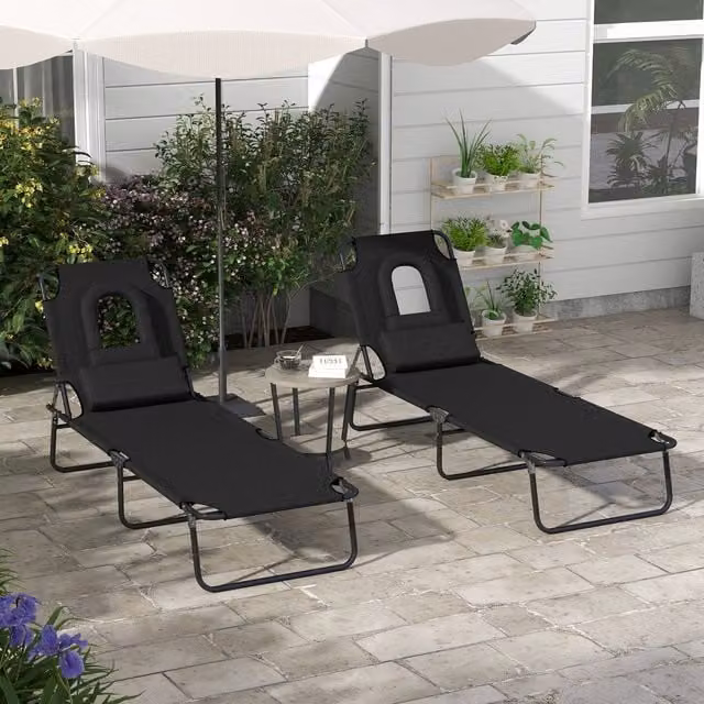 Outsunny Set of 2 Black Folding Sun Loungers with Adjustable Headrest and Pillow