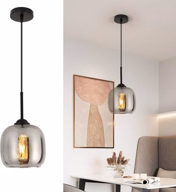 Pheashine Modern Round Smoked Grey Glass Pendant Light with Black Base and E27 Socket – 1