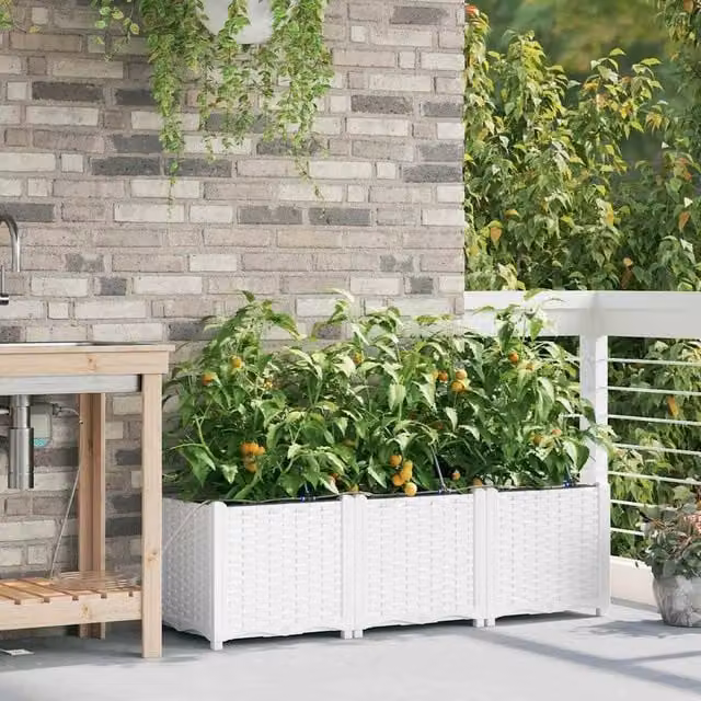Berkfield Home Set of 3 White Plastic Garden Planters with Water Irrigation System