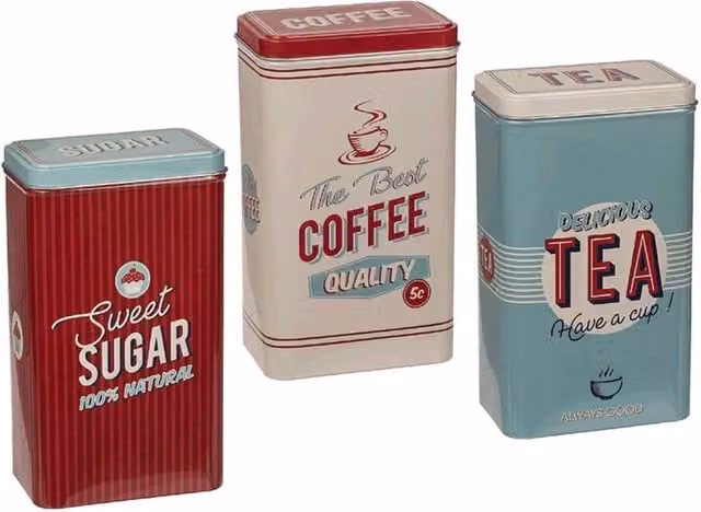 Almineez Set of 3 Striped Stainless Steel Tea Coffee Sugar Canisters in Multicolour Red