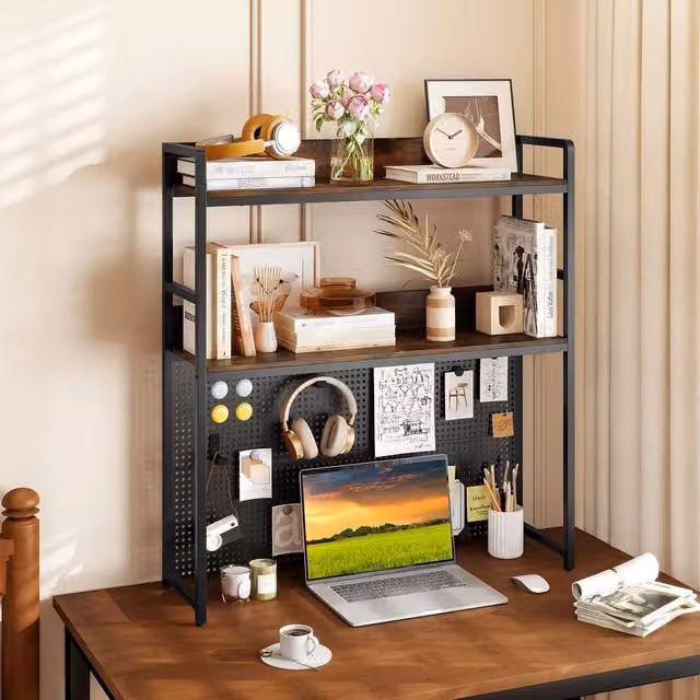 KORVIXA Multipurpose 2-Tier Industrial Desk Hutch with Pegboard and Adjustable Shelves in Brown, W/D/H: 100 x 100 x 100 cm