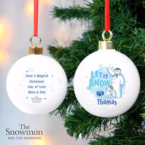 Personalised Memento Company The Snowman and the Snowdog Blue and White Glass Bauble Christmas Tree Decoration – 2