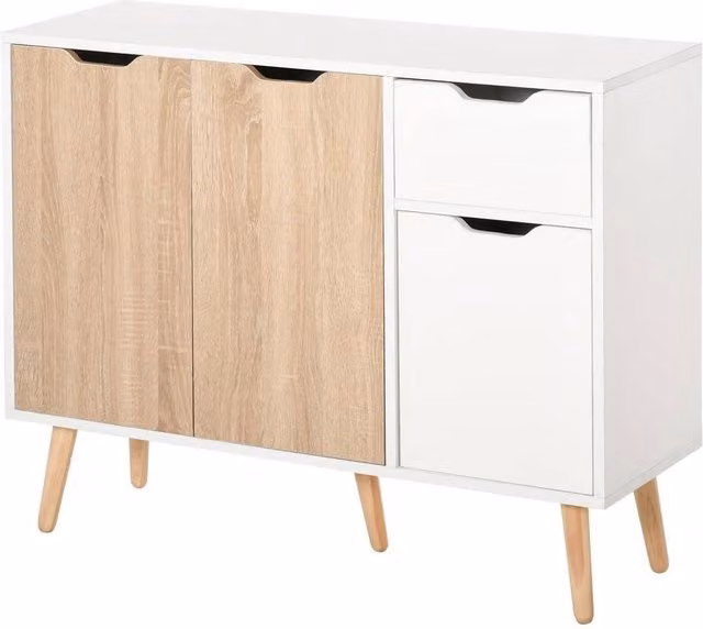 Kelvenix Natural Wood Storage Cabinet Sideboard with Drawer in White and Multicolour