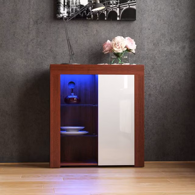 Vida Designs Azura Modern 1 Door LED Sideboard in Walnut and White with Glass Details