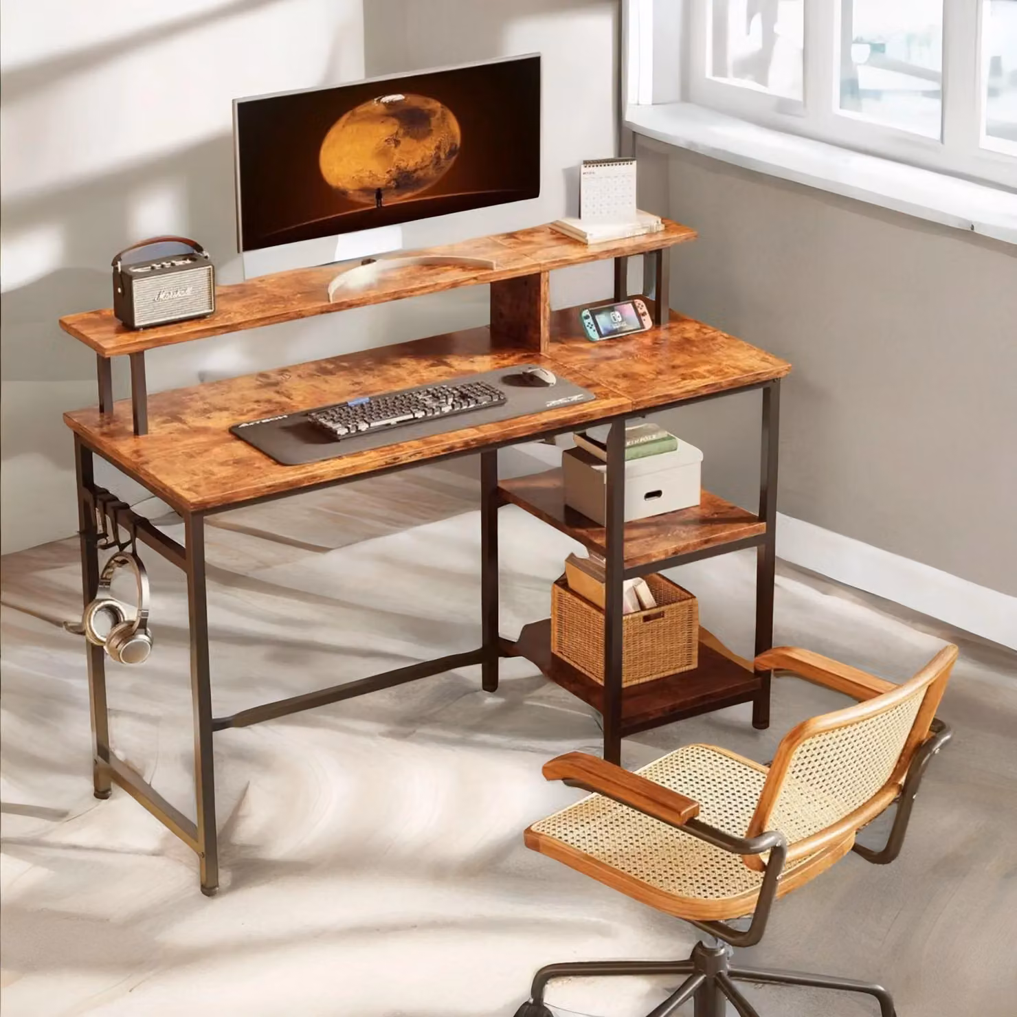 FURNOS Industrial Computer Desk with Monitor Stand and Shelves, Brown – 2