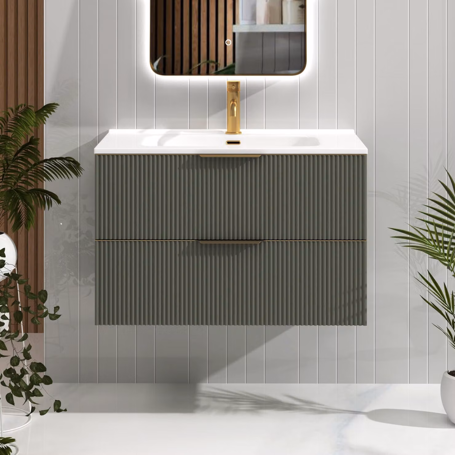 Royal Bathrooms Evora 800mm Sage Green Fluted Wall Hung Vanity Unit with 2 Drawers, Ceramic Basin and Brushed Brass Handles