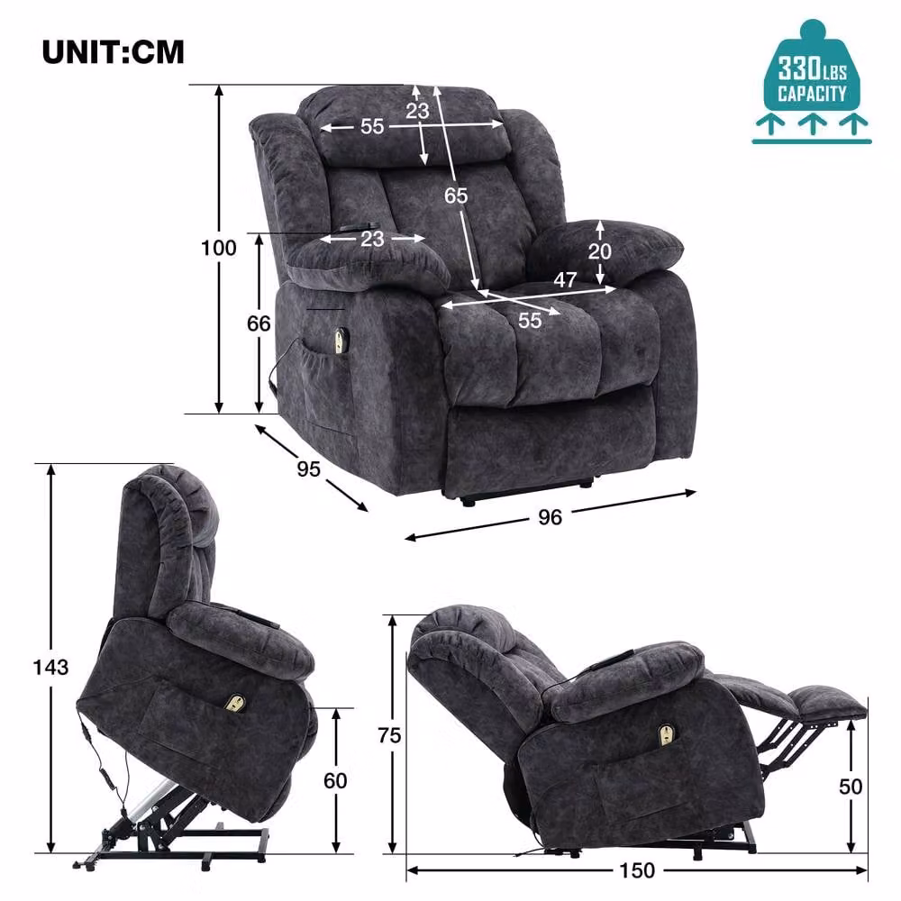 ModernLuxe Grey Velvet Massage Lift Recliner Chair with Heat and Vibration – 4