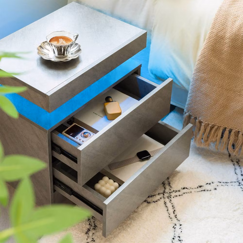 Matteo Modern LED Bedside Table with 2 Drawers and Integrated Under-Bed Lighting in Grey – 5