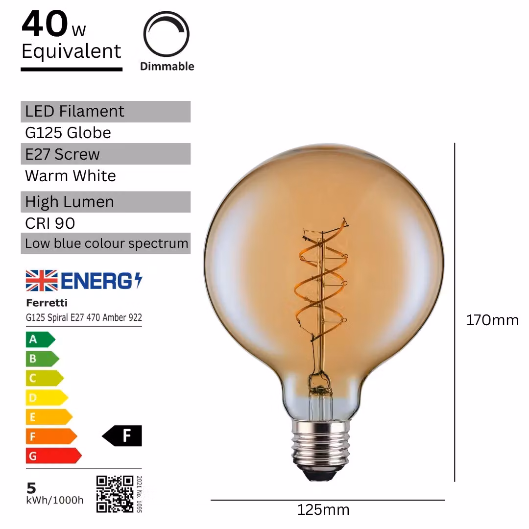 Ferretti G80 Amber Globe E27 LED Spiral Filament Dimmable Bulb Pack of 6 in Transparent Glass – 3